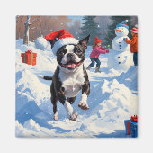 ボストンテリアクリスマスフェスティバルスノーシーン マグネット (正面)