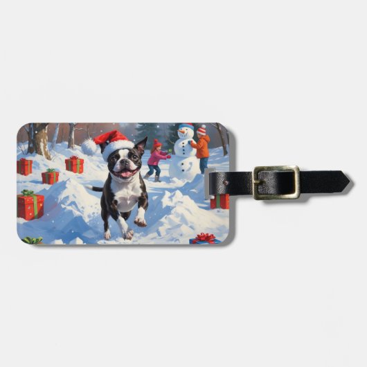 ボストンテリアクリスマスフェスティバルスノーシーン ラゲッジタグ (正面横)