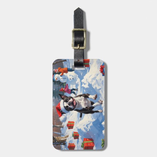 ボストンテリアクリスマスフェスティバルスノーシーン ラゲッジタグ (正面縦)