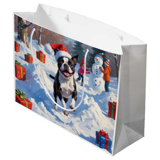 ボストンテリアクリスマスフェスティバルスノーシーン ラージペーパーバッグ (裏面アングル)