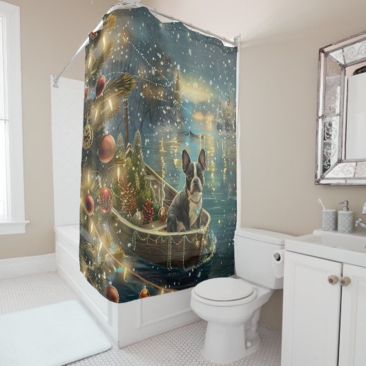 ボストンテリアクリスマスフェスティバル航海 シャワーカーテン (インサイチュ)