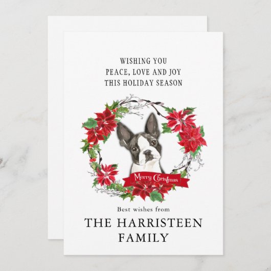 ボストンテリアクリスマスポインセチアリース シーズンカード (正面/裏面)