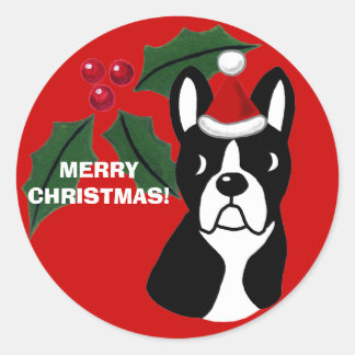 ボストンテリアクリスマスマンガ ラウンドシール