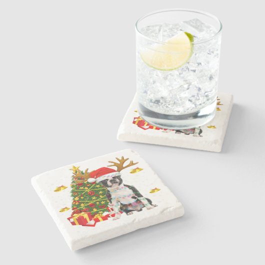 ボストンテリアクリスマスライトツリーサンタクリスマスPa ストーンコースター (横)