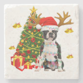 ボストンテリアクリスマスライトツリーサンタクリスマスPa ストーンコースター (正面)