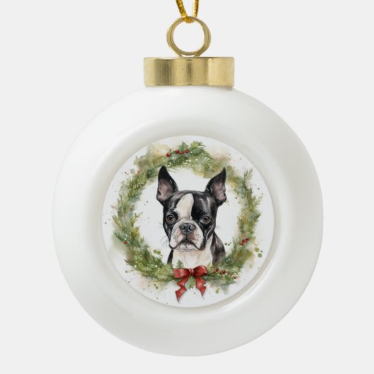 ボストンテリアクリスマスリースフェスティバルカップ セラミックボールオーナメント (正面)