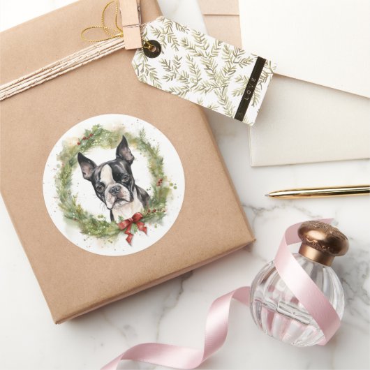 ボストンテリアクリスマスリースフェスティバルカップ ラウンドシール (ギフト)