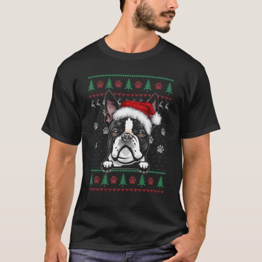 ボストンテリアクリスマス醜いセーター犬のクリスマス Tシャツ (正面)