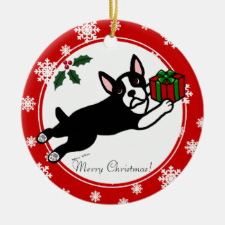 ボストンテリアクリスマス2マンガースノーフレーク セラミックオーナメント