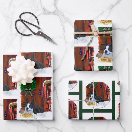 ボストンテリアクリスマス ラッピングペーパーシート (正面)