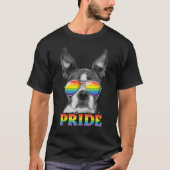 ボストンテリアゲイプライドLGBTレインボーフラッグサングラス Tシャツ (正面)