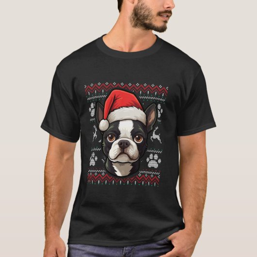 ボストンテリアサンタハットクリスマスおもしろい犬ママD Tシャツ (正面)