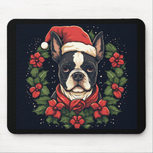 ボストンテリアサンタハットホリークリスマス マウスパッド