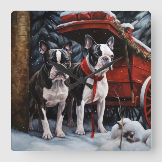 ボストンテリアスノウィースリークリスマスデコール スクエア壁時計 (正面)