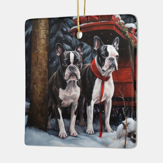 ボストンテリアスノウィースリークリスマスデコール セラミックオーナメント (左)