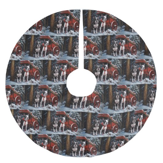 ボストンテリアスノウィースリークリスマスデコール ブラッシュドポリエステルツリースカート (正面)