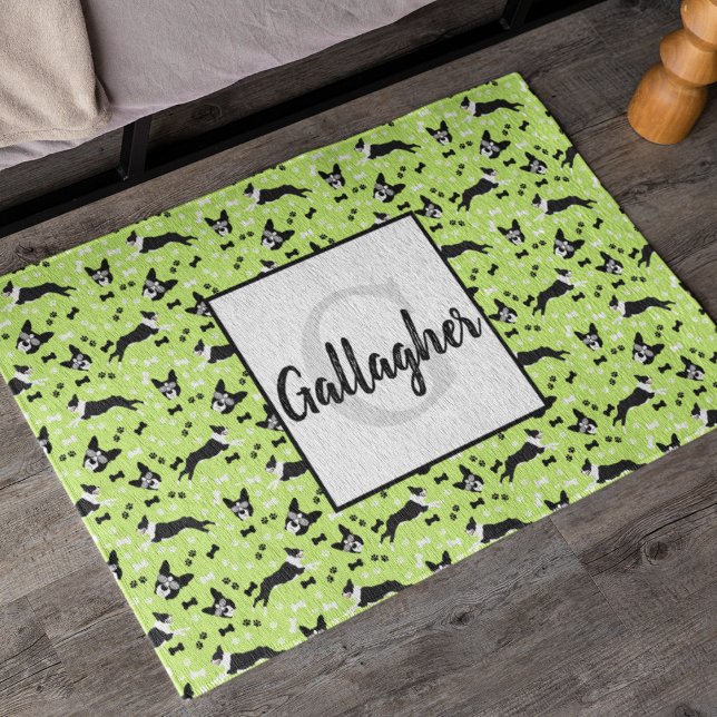 ボストンテリアズドッググリーンパターン ドアマット (Boston Terrier Monogram Doormat in Green)