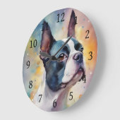 ボストンテリアデジタルウォーターカラーポートレートドッグ173 ラージ壁時計 (傾斜)