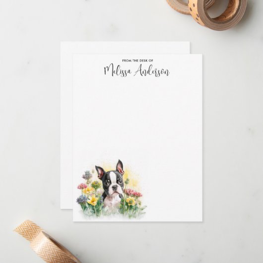 ボストンテリアドッグウォーターカラーパピーパーソナライズされた ノートカード (正面/裏面インサイチュ)