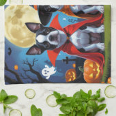 ボストンテリアドッグスパンプキンハロウィンおもしろい キッチンタオル (折り畳み)