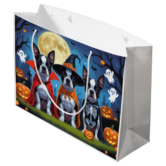 ボストンテリアドッグスパンプキンハロウィンおもしろい ラージペーパーバッグ (裏面アングル)