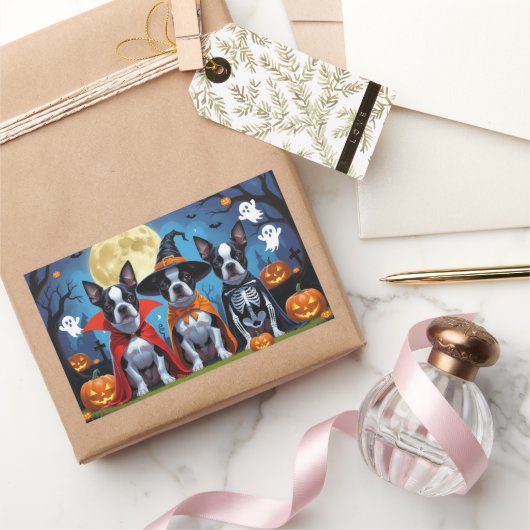 ボストンテリアドッグスパンプキンハロウィンおもしろい 長方形シール (ギフト)