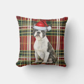 ボストンテリアドッグホリデープレイドクリスマス クッション (正面)
