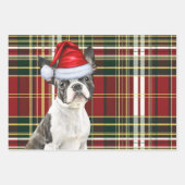 ボストンテリアドッグホリデープレイドクリスマス ラッピングペーパーシート (正面3)