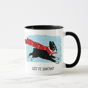 ボストンテリアドッグ赤いスカーフを着て 雪を降らせろ マグカップ