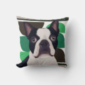 ボストンテリアドッグ – ダークグリーン幾何学模様 クッション (正面)