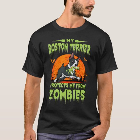 ボストンテリアハロウィンゾンビアメリカン・紳士 Tシャツ (正面)