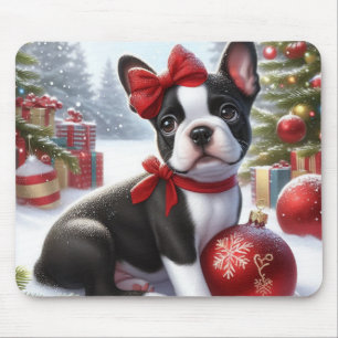 ボストンテリアパピーとクリスマスオーナメント マウスパッド