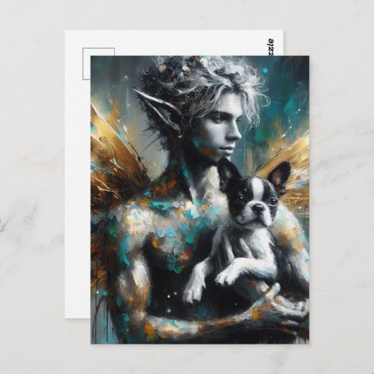 ボストンテリアパピーと男性の妖精 ポストカード (正面/裏面)