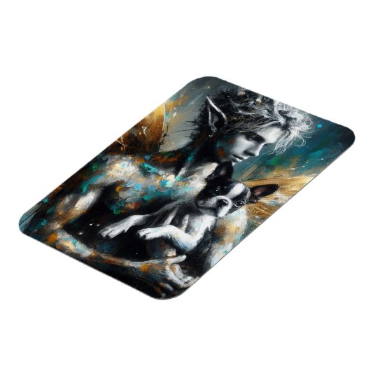 ボストンテリアパピーと男性の妖精 マグネット (左側)