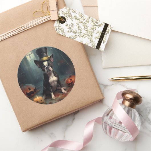 ボストンテリアパンプキンズハロウィンホラー ラウンドシール (ギフト)