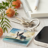 ボストンテリアビーチサーフィン絵画ズ キーホルダー (正面右)
