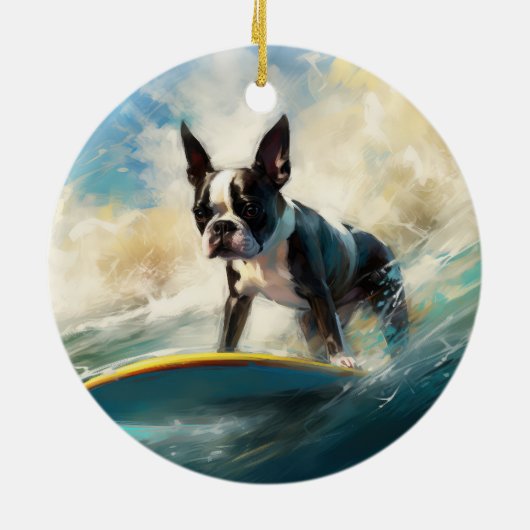 ボストンテリアビーチサーフィン絵画ズ セラミックオーナメント (裏面)
