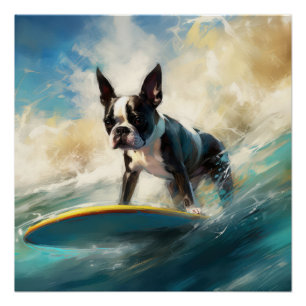 ボストンテリアビーチサーフィン絵画ズ ポスター