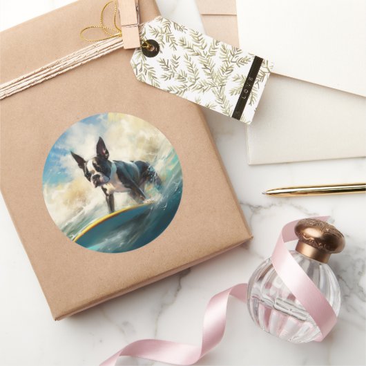 ボストンテリアビーチサーフィン絵画ズ ラウンドシール (ギフト)