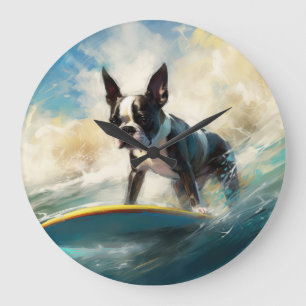 ボストンテリアビーチサーフィン絵画ズ ラージ壁時計