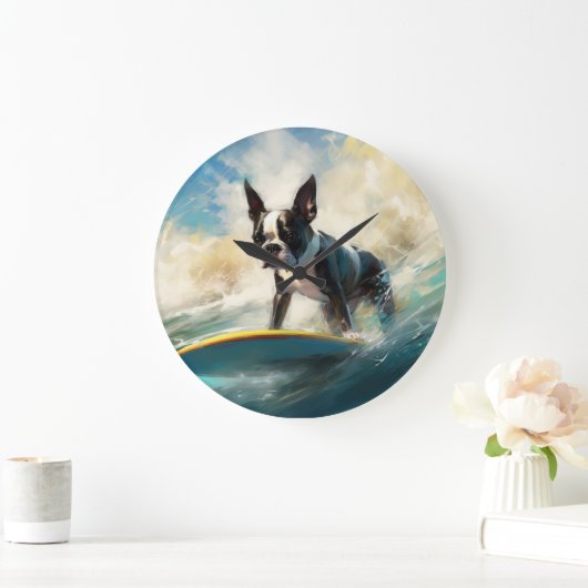 ボストンテリアビーチサーフィン絵画ズ ラージ壁時計 (ホーム)