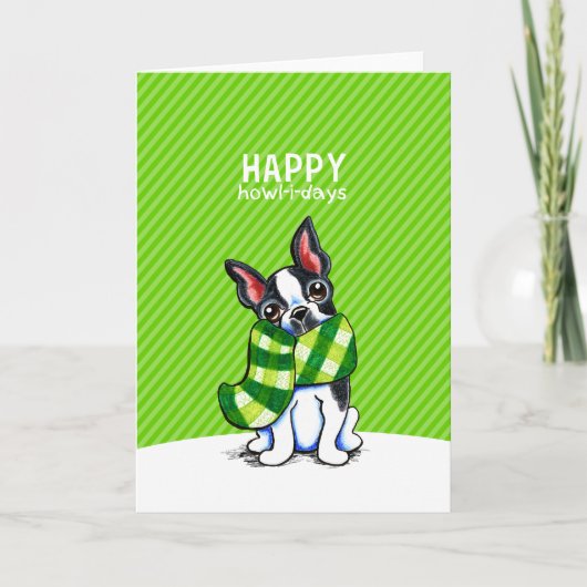 ボストンテリアプレイドスカーフクリスマス シーズンカード (正面)