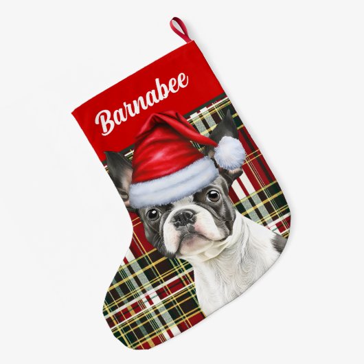 ボストンテリアホリデイプレイドアンドドッグス名 ラージクリスマスストッキング (裏面 (吊り時))