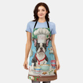 ボストンテリアホリデーベーキング:フェスティバルクリスマス エプロン (着用した状態)