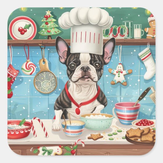 ボストンテリアホリデーベーキング:フェスティバルクリスマス スクエアシール (正面)