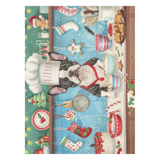 ボストンテリアホリデーベーキング:フェスティバルクリスマス テーブルクロス (正面)