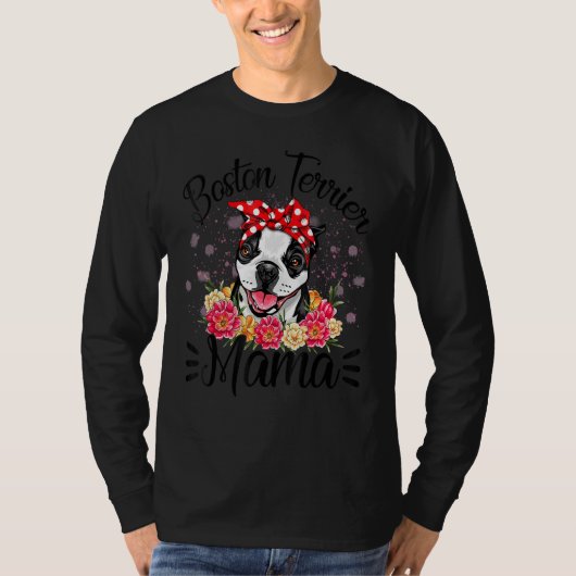 ボストンテリアママ花模様かわいい犬ママ母 Tシャツ (正面)