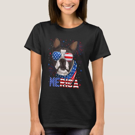 ボストンテリアメリカサングラス7月4日アメリカ Tシャツ (正面)