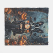 ボストンテリアライディングオートバイハロウィンホラー フリースブランケット (正面(横))