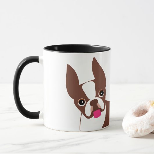 ボストンテリアレッドブラウンとホワイト コーヒーマグカップ (ドーナツ)
